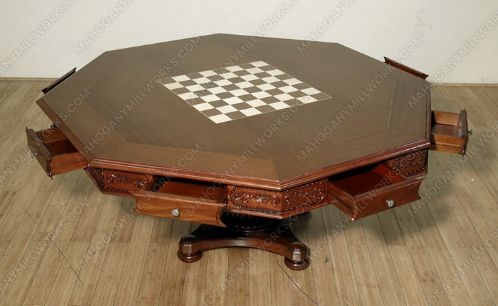 9pc Octagonal Chess/Poker Game Table Set w/ 8 Leather Chairs