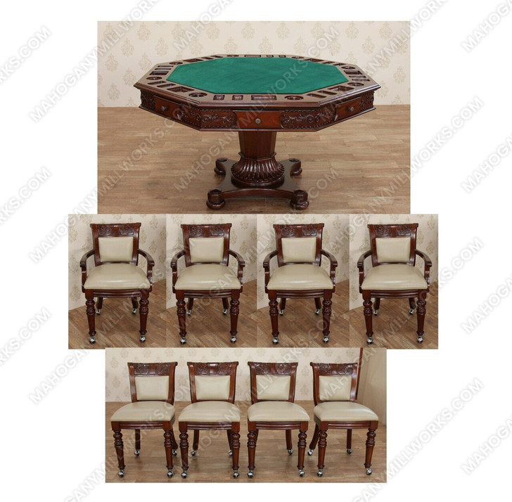9pc Octagonal Chess/Poker Game Table Set w/ 8 Leather Chairs