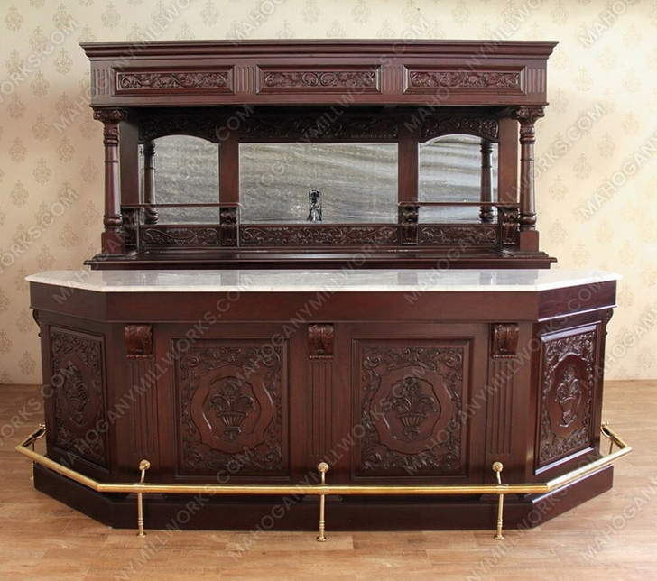 9ft Mahogany Victorian Pub Bar w/ Marble Top & Rails