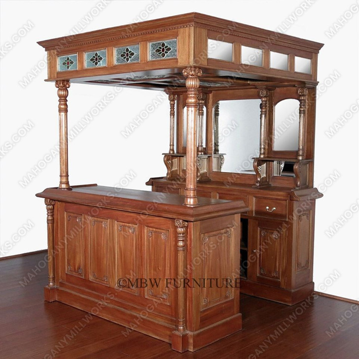 Solid Mahogany English Canopy Pub Bar with Stained Glass & Mirrors