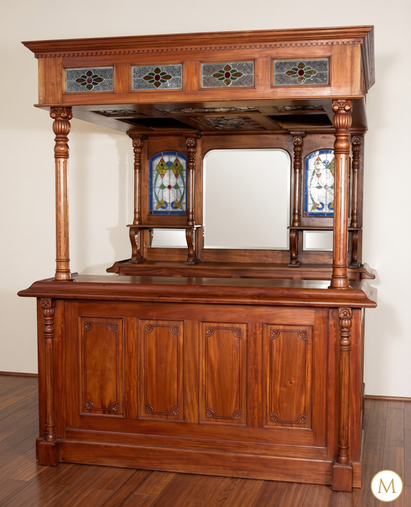 Solid Mahogany English Canopy Pub Bar with Stained Glass & Mirrors