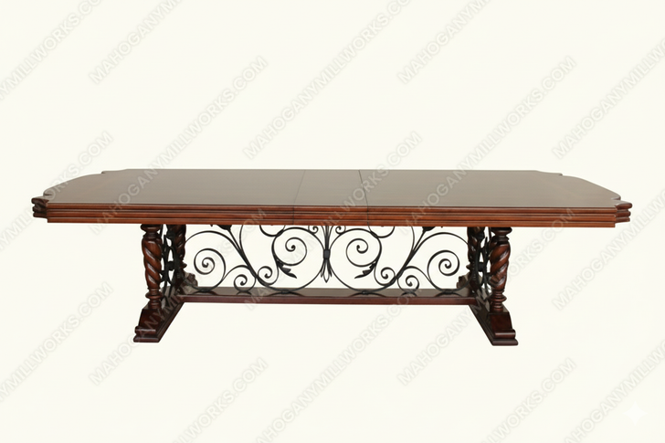 10ft Jacobean Marquetry Inlay Dining or Conference Table w/ Decorative Iron base