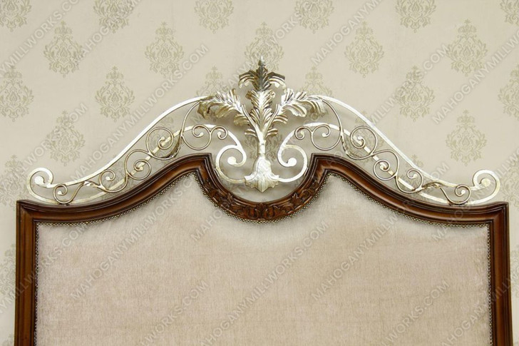 Solid Mahogany Panel Bed with Iron Accent and Fabric Upholstery