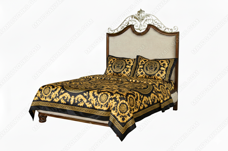 Solid Mahogany Panel Bed with Iron Accent and Fabric Upholstery