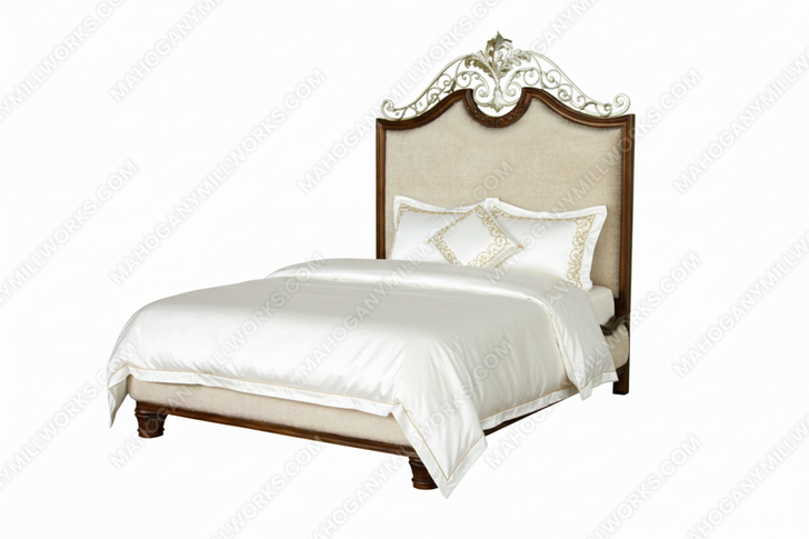 Solid Mahogany Panel Bed with Iron Accent and Fabric Upholstery