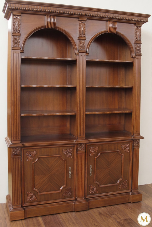 Solid Mahogany Double Arched Open Bookcase with Cabinets