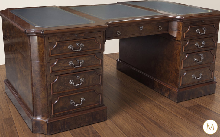 Mappa Burl Inlay Pedestal Desk with Green Leather Top