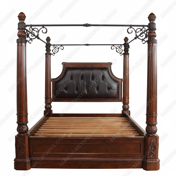 Light Walnut Eastern King Poster Canopy Bed w/ Genuine Leather