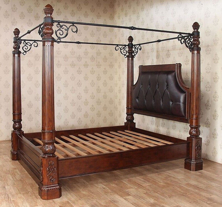 Mahogany/Iron Eastern King Poster Canopy Bed w/ Genuine Leather