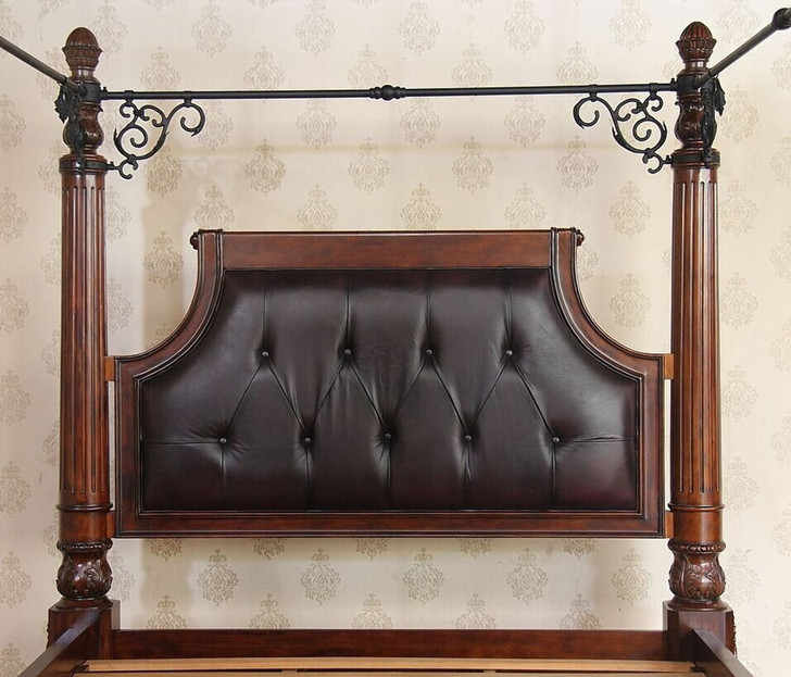 Mahogany/Iron Eastern King Poster Canopy Bed w/ Genuine Leather