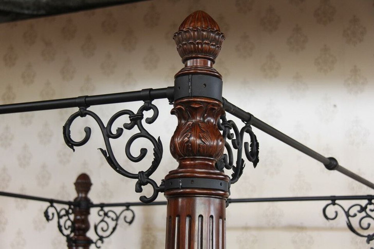 Mahogany/Iron Eastern King Poster Canopy Bed w/ Genuine Leather