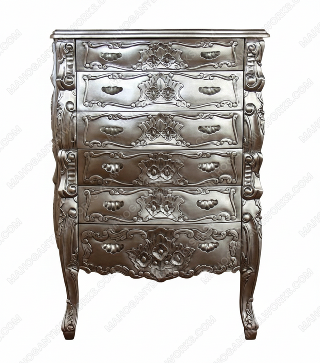 Silver Leaf Rococo Tall Boy Chest of Drawers