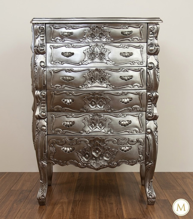 Silver Leaf Rococo Tall Boy Chest of Drawers