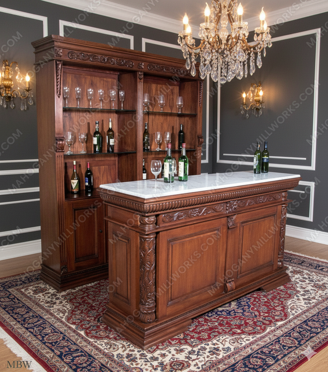 6.5ft Carved Mahogany Home Pub Bar w/ Marble