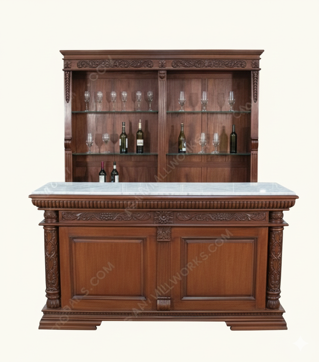 6.5ft Carved Mahogany Home Pub Bar w/ Marble