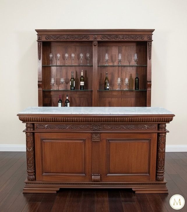 6.5ft Carved Mahogany Home Pub Bar w/ Marble