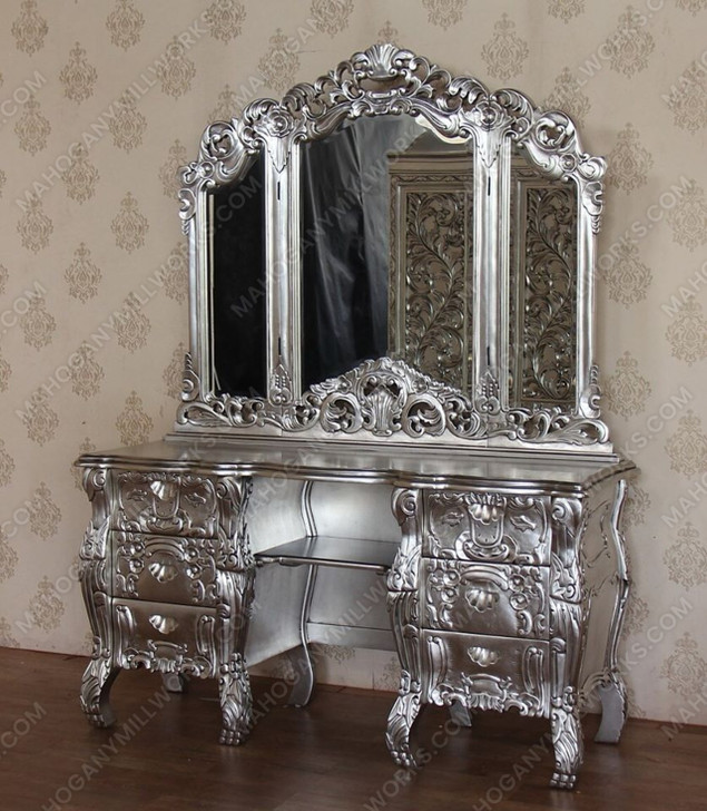 9pc Silver Leaf Rococo Bedroom Set