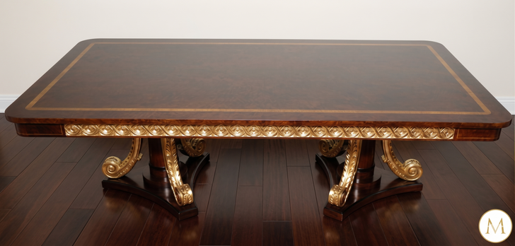 12pc French Burl Mahogany/Gold Marquetry Dining Set