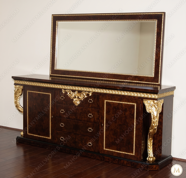 12pc French Burl Mahogany/Gold Marquetry Dining Set