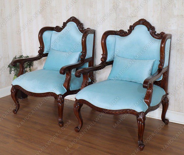 Custom Mahogany Louis Phillipe Sky Blue Velvet Upholstered Arm Chair