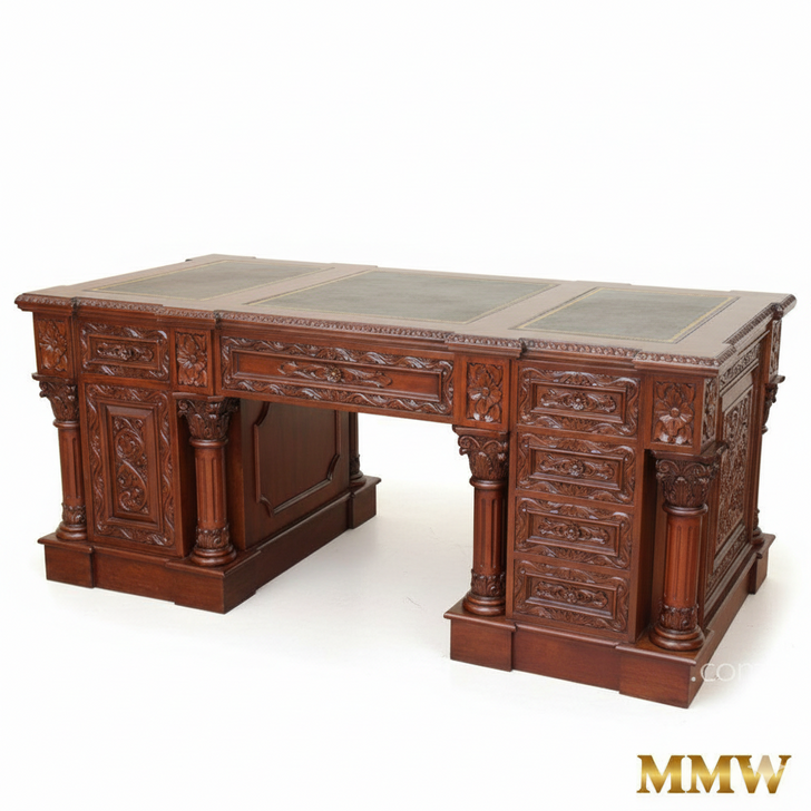 Ornate Hand Carved Mahogany Pedestal Desk
