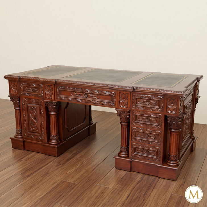 Ornate Hand Carved Mahogany Pedestal Desk