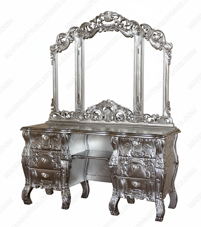 Silver Leaf Rococo Dressing Table w Trifold Mirror