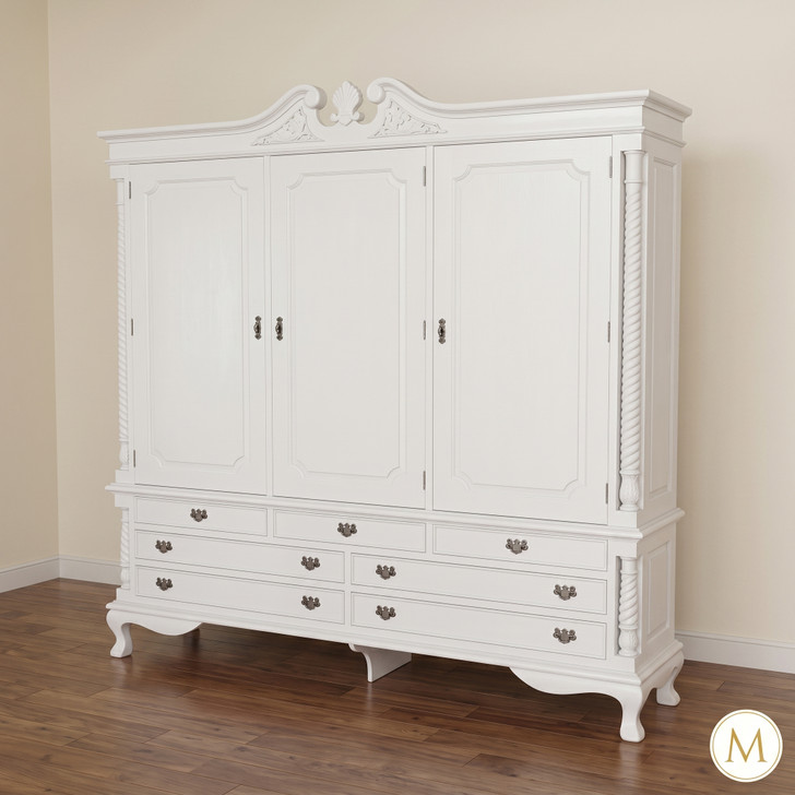 Large White 3 Door Armoire Wardrobe w/ 7 Drawer Chest Base