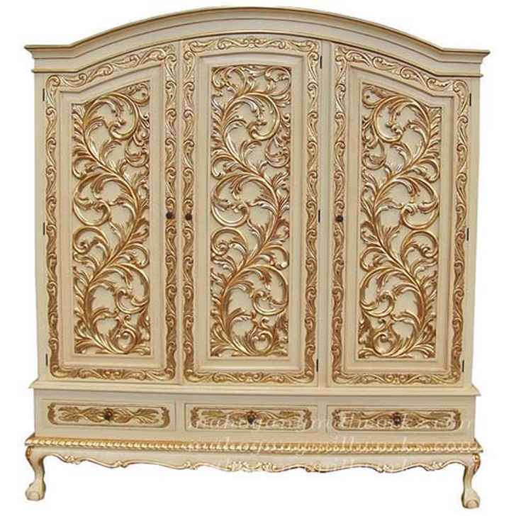 77"W Cream w/ Gold Finish 3 Door Rococo Armoire Wardrobe