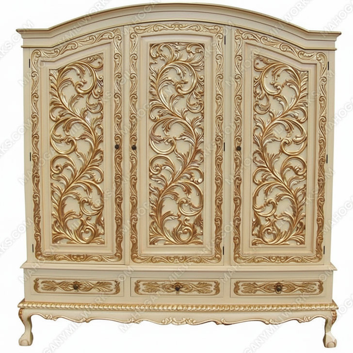 77"W Cream w/ Gold Finish 3 Door Rococo Armoire Wardrobe
