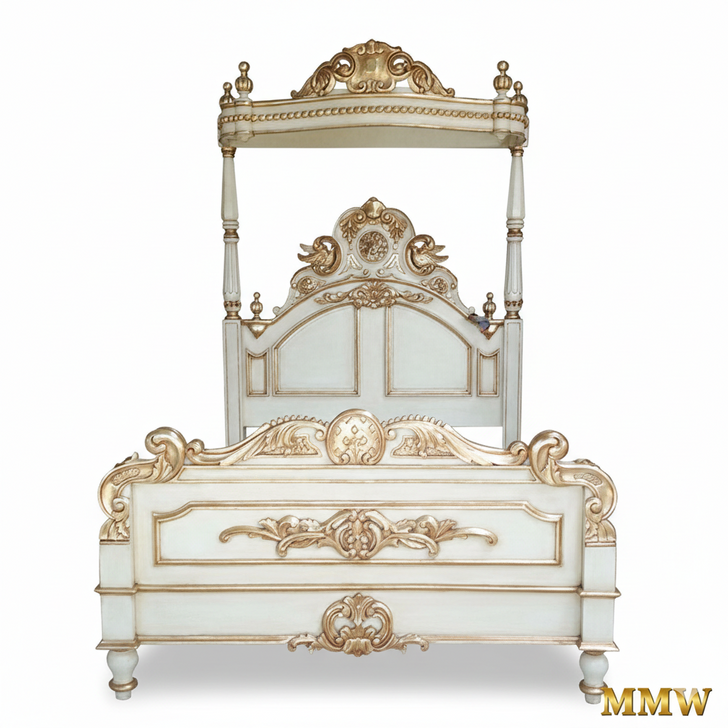 Ivory and Gold Baroque Quarter Canopy Bed