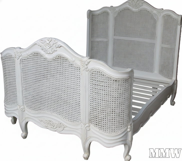 Antiqued White Cane Rattan Bed