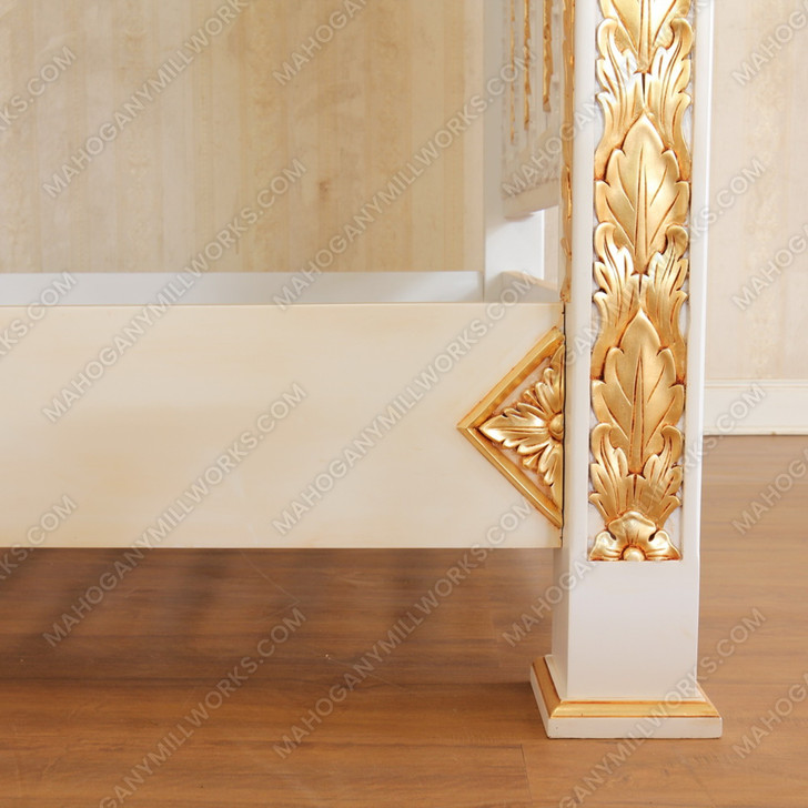 Antique Cream w/ Gold Four Post Canopy Bed w/ Ornate Headboard