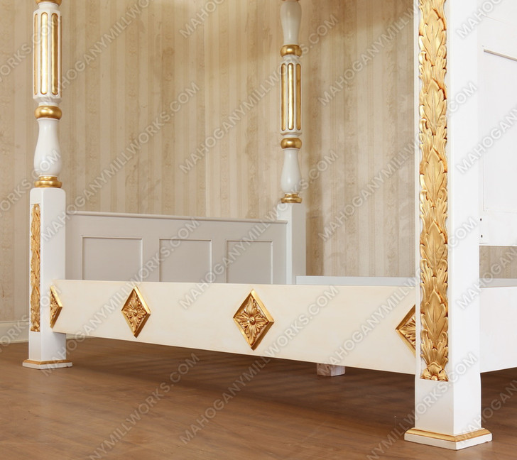 Antique Cream w/ Gold Four Post Canopy Bed w/ Ornate Headboard
