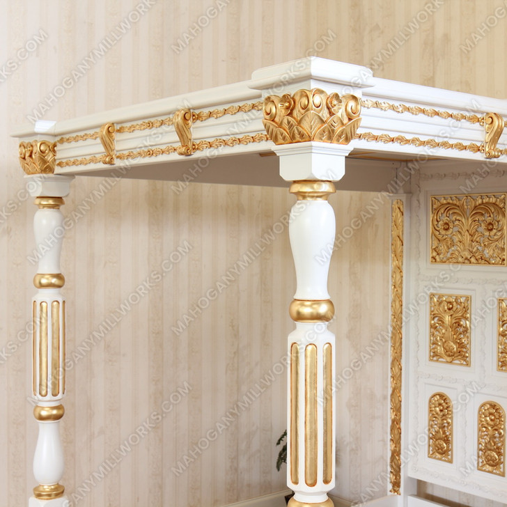 Antique Cream w/ Gold Four Post Canopy Bed w/ Ornate Headboard