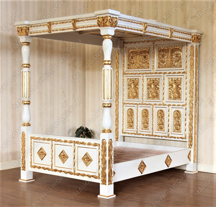 Antique Cream w/ Gold Four Post Canopy Bed w/ Ornate Headboard
