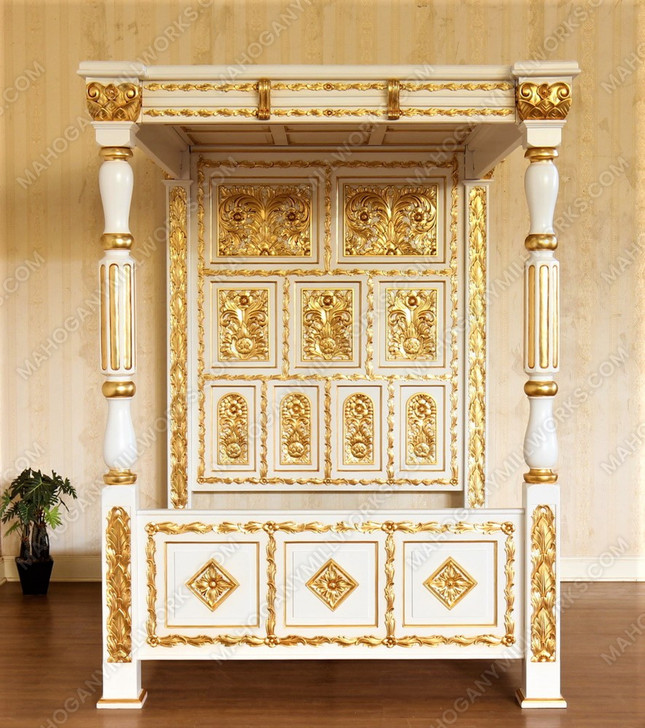 Antique Cream w/ Gold Four Post Canopy Bed w/ Ornate Headboard