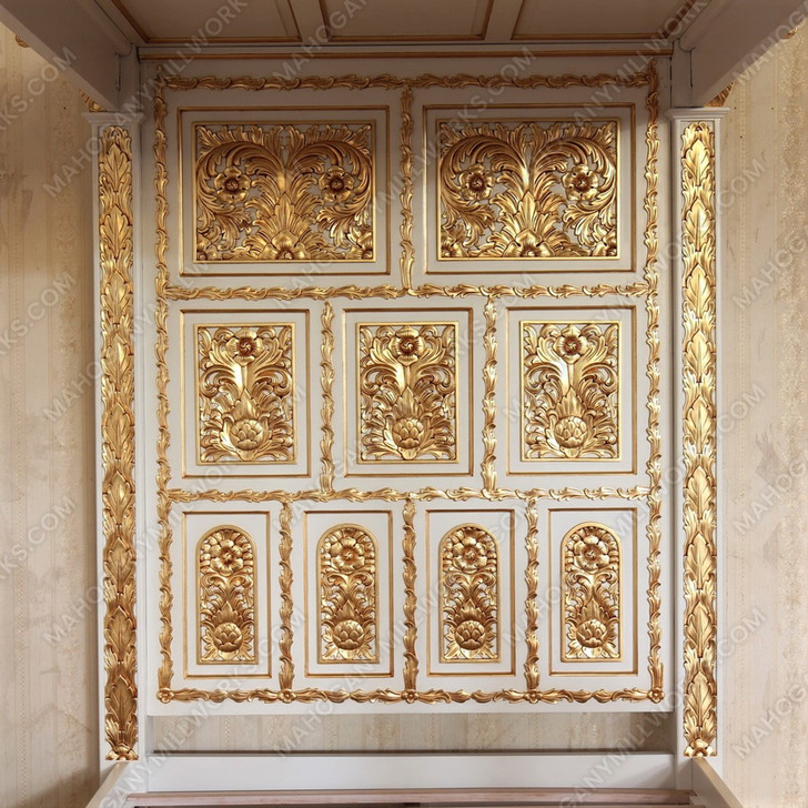 Antique Cream w/ Gold Four Post Canopy Bed w/ Ornate Headboard