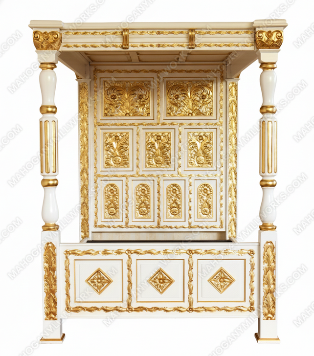 Antique Cream w/ Gold Four Post Canopy Bed w/ Ornate Headboard