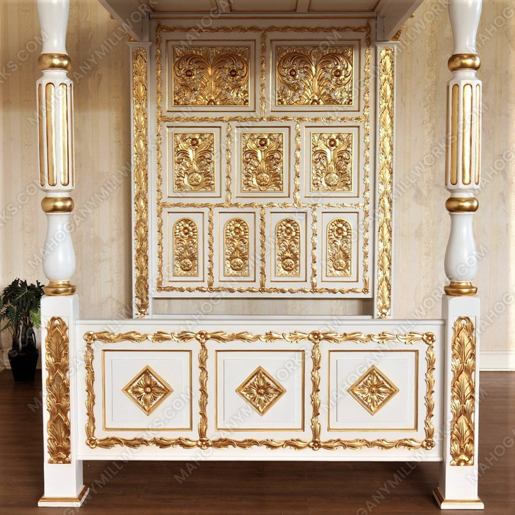 Ornate Antique Cream/Gold Four Post Canopy Bed
