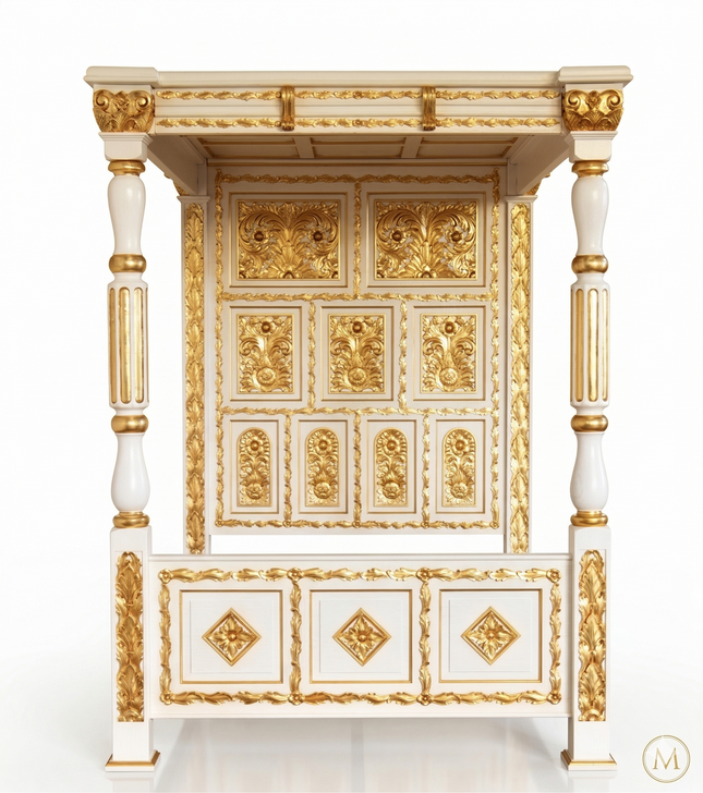 Ornate Antique Cream/Gold Four Post Canopy Bed