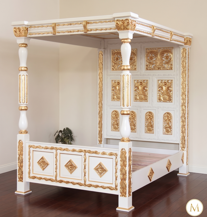 Ornate Antique Cream/Gold Four Post Canopy Bed