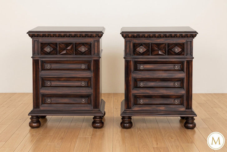 Mahogany Java Cafe Carved Bedside Nightstands Pair (2)