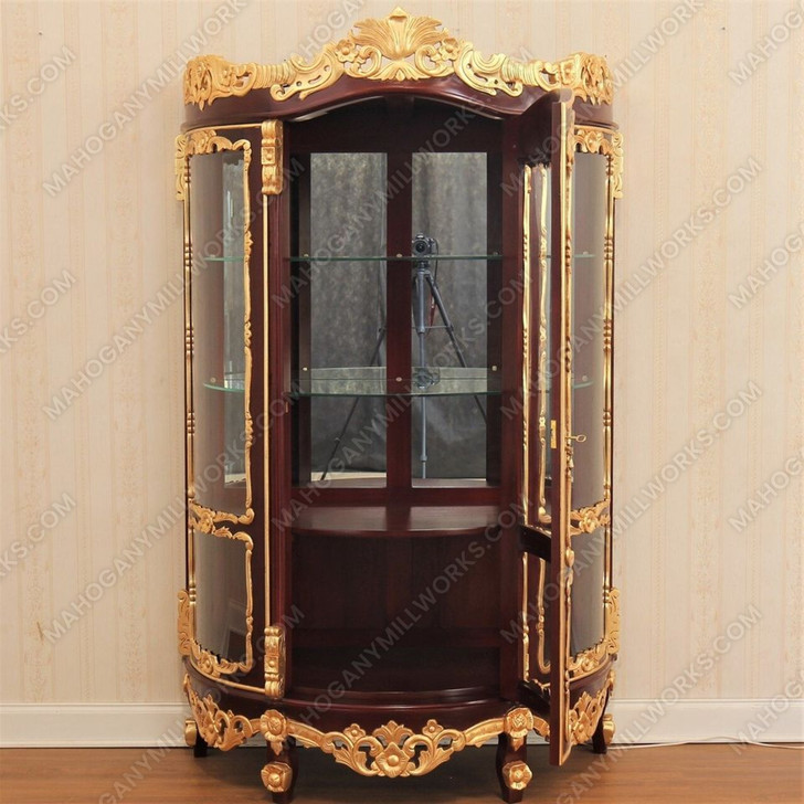 Pecan /Gold Leaf Rococo Lighted Corner Curio Display Cabinet