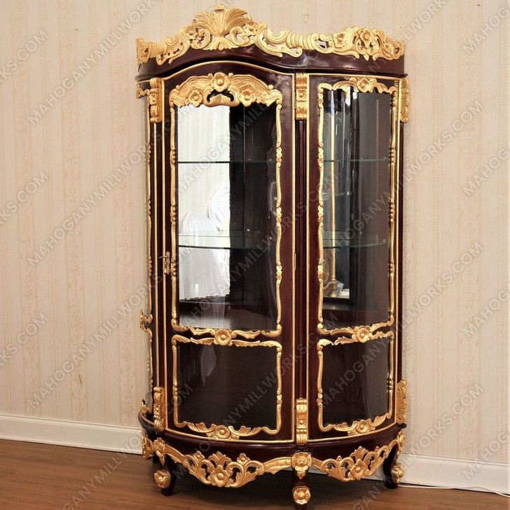 Pecan /Gold Leaf Rococo Lighted Corner Curio Display Cabinet