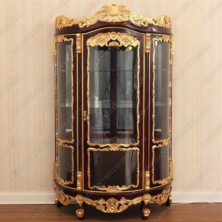 Pecan /Gold Leaf Rococo Lighted Corner Curio Display Cabinet