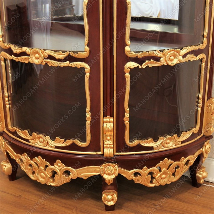 Pecan /Gold Leaf Rococo Lighted Corner Curio Display Cabinet