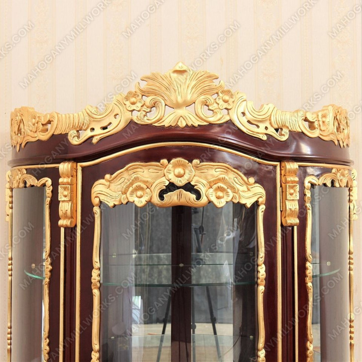 Pecan /Gold Leaf Rococo Lighted Corner Curio Display Cabinet