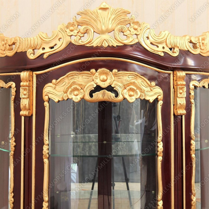 Pecan /Gold Leaf Rococo Lighted Corner Curio Display Cabinet