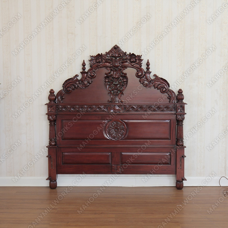 Custom Red Mahogany Gothic Bed w/ Rococo Carving Theme